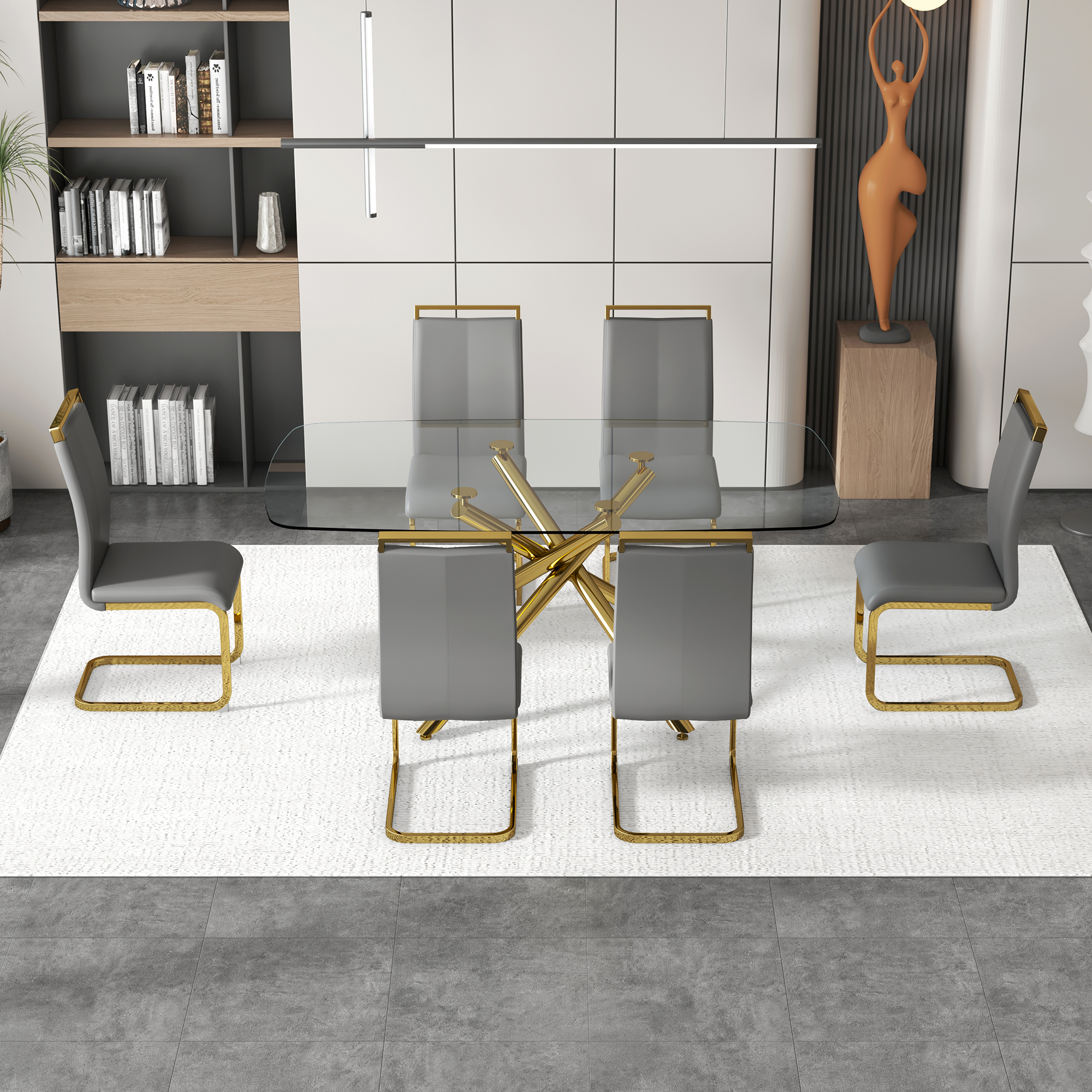 Large Modern Minimalist Rectangular Glass Dining Table for 6-8 with 0.39" Tempered Glass Tabletop and Golden Plated Metal Legs,for Kitchen Dining Living Meeting Room Banquet hall 71'' x 39'' x30''1537