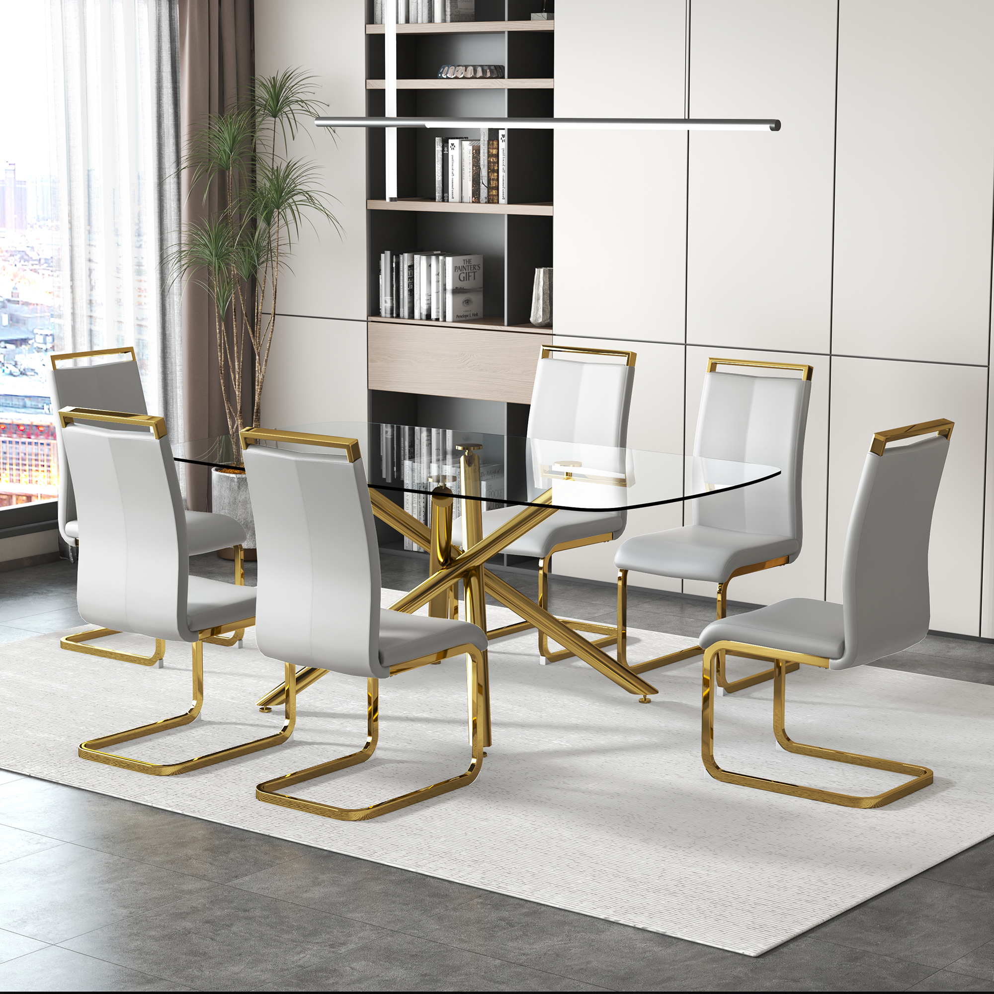 Large Modern Minimalist Rectangular Glass Dining Table for 6-8 with 0.39" Tempered Glass Tabletop and Golden Plated Metal Legs,for Kitchen Dining Living Meeting Room Banquet hall 71'' x 39'' x30''1537