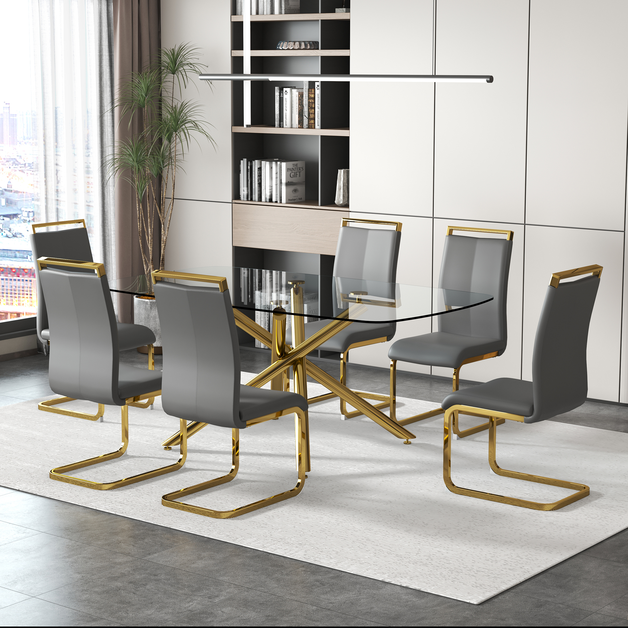 Large Modern Minimalist Rectangular Glass Dining Table for 6-8 with 0.39" Tempered Glass Tabletop and Golden Plated Metal Legs,for Kitchen Dining Living Meeting Room Banquet hall 71'' x 39'' x30''1537