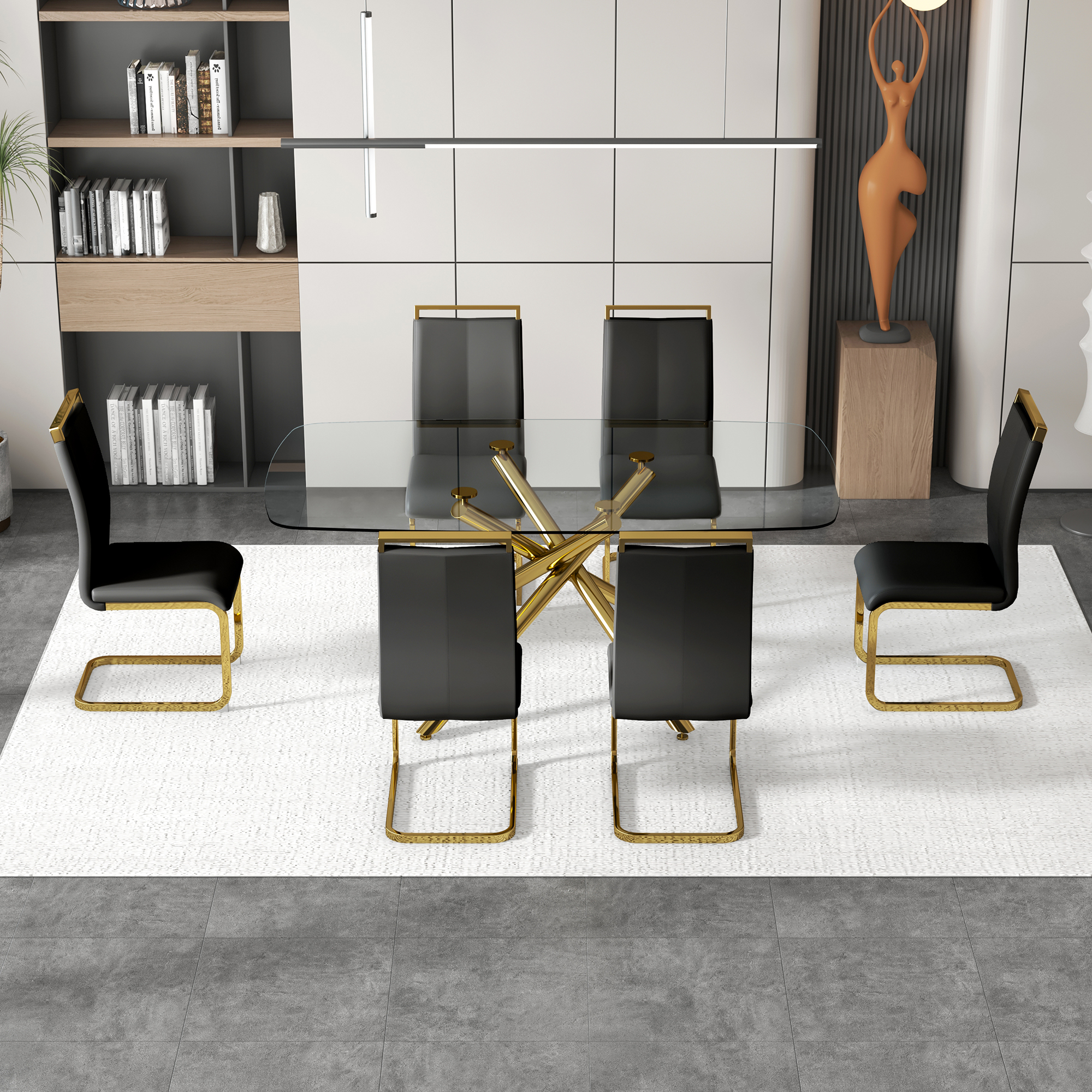 Large Modern Minimalist Rectangular Glass Dining Table for 6-8 with 0.39" Tempered Glass Tabletop and Golden Plated Metal Legs,for Kitchen Dining Living Meeting Room Banquet hall 71'' x 39'' x30''1537