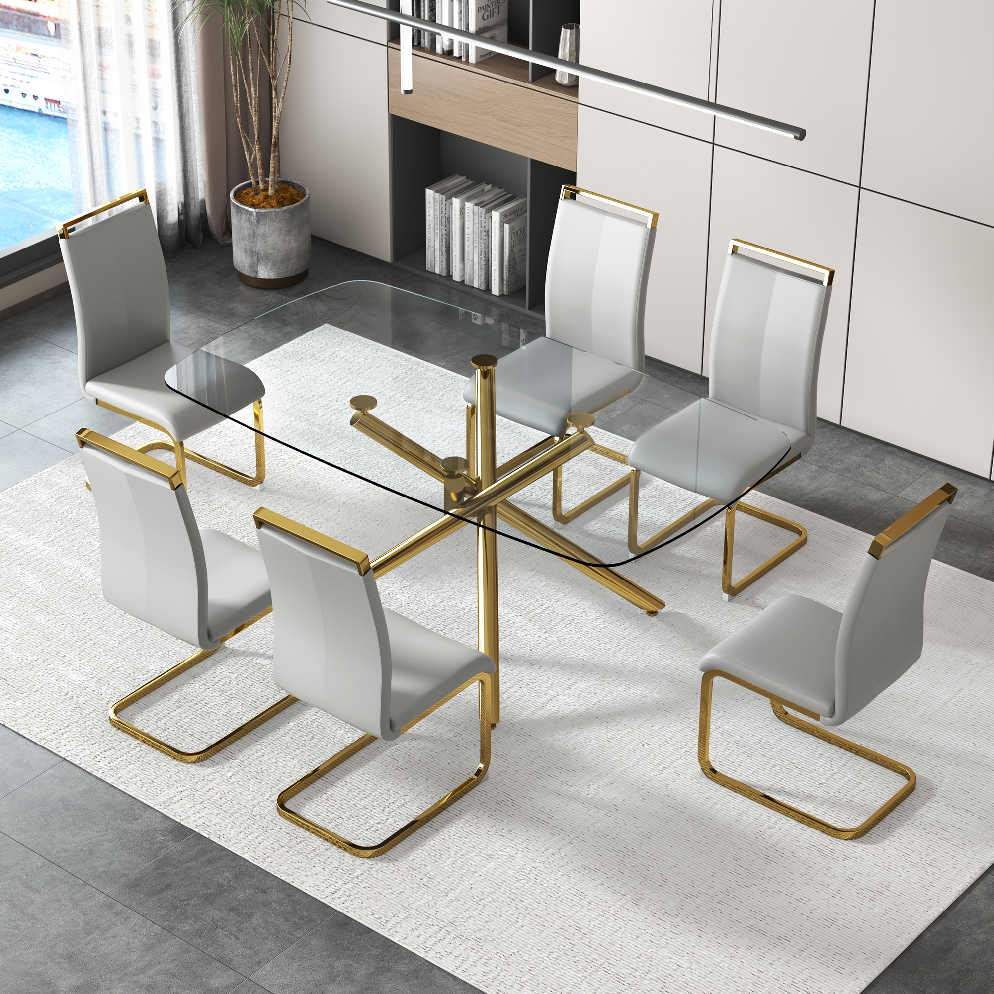 Large Modern Minimalist Rectangular Glass Dining Table for 6-8 with 0.39" Tempered Glass Tabletop and Golden Plated Metal Legs,for Kitchen Dining Living Meeting Room Banquet hall 71'' x 39'' x30''1537