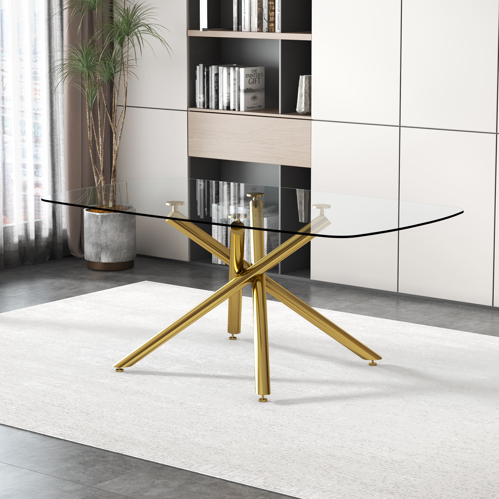 Large Modern Minimalist Rectangular Glass Dining Table for 6-8 with 0.39" Tempered Glass Tabletop and Golden Plated Metal Legs,for Kitchen Dining Living Meeting Room Banquet hall 71'' x 39'' x30''1537