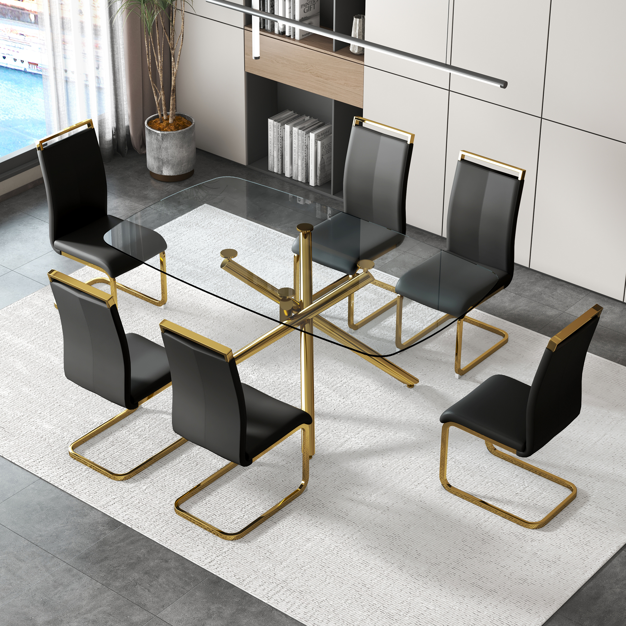 Large Modern Minimalist Rectangular Glass Dining Table for 6-8 with 0.39" Tempered Glass Tabletop and Golden Plated Metal Legs,for Kitchen Dining Living Meeting Room Banquet hall 71'' x 39'' x30''1537