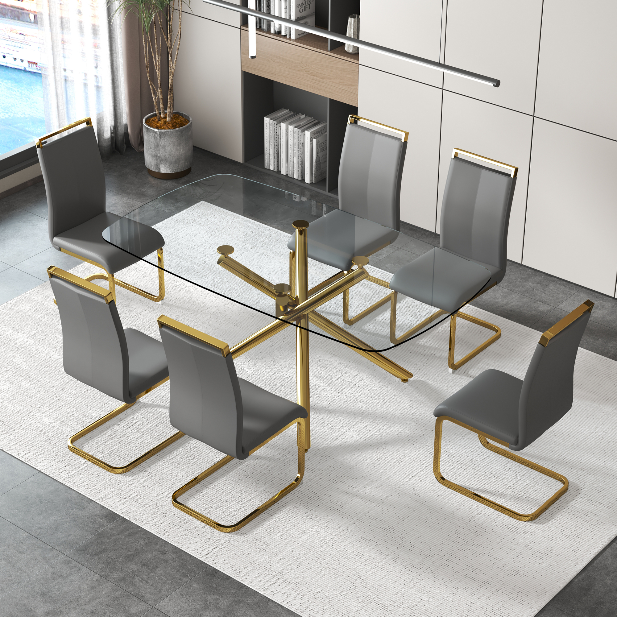 Large Modern Minimalist Rectangular Glass Dining Table for 6-8 with 0.39" Tempered Glass Tabletop and Golden Plated Metal Legs,for Kitchen Dining Living Meeting Room Banquet hall 71'' x 39'' x30''1537