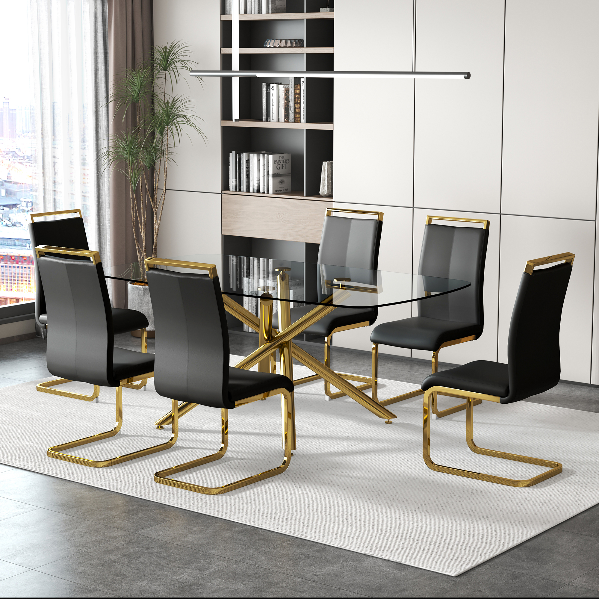 Large Modern Minimalist Rectangular Glass Dining Table for 6-8 with 0.39" Tempered Glass Tabletop and Golden Plated Metal Legs,for Kitchen Dining Living Meeting Room Banquet hall 71'' x 39'' x30''1537