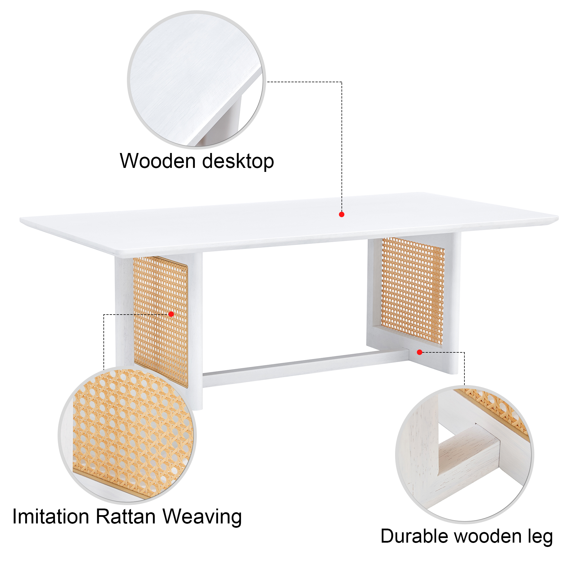 Chinese style white solid wood and imitation rattan coffee table, rectangular solid wood coffee low table, small living room coffee table