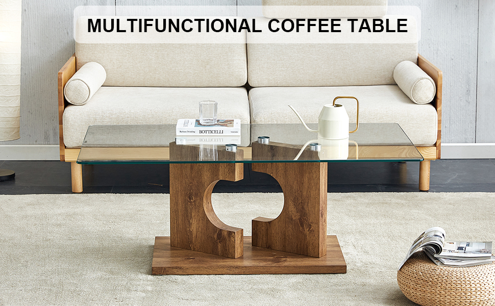 A rectangular modern and fashionable coffee table with tempered glass tabletop and wooden color MDF legs. Suitable for living room.47.2"*25.5"*18"