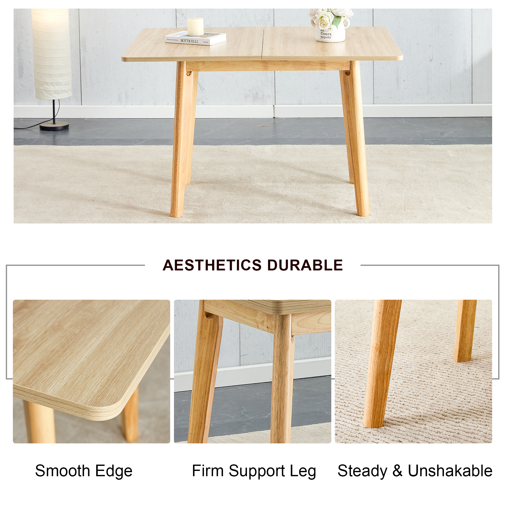 Wooden foldable table, rubber wood leg MFC tabletop, foldable computer desk, foldable office desk, suitable for restaurants, living rooms, terraces, kitchens