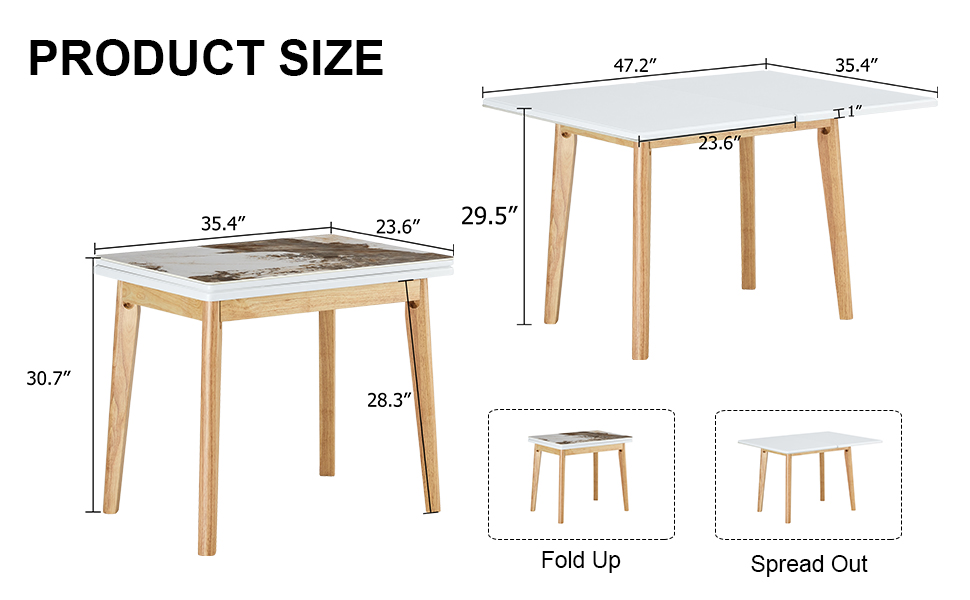 Imitation marble white sintered stone tabletop with rubber wooden legs, foldable computer desk, foldable office desk, suitable for restaurants, living rooms, terraces, kitchens