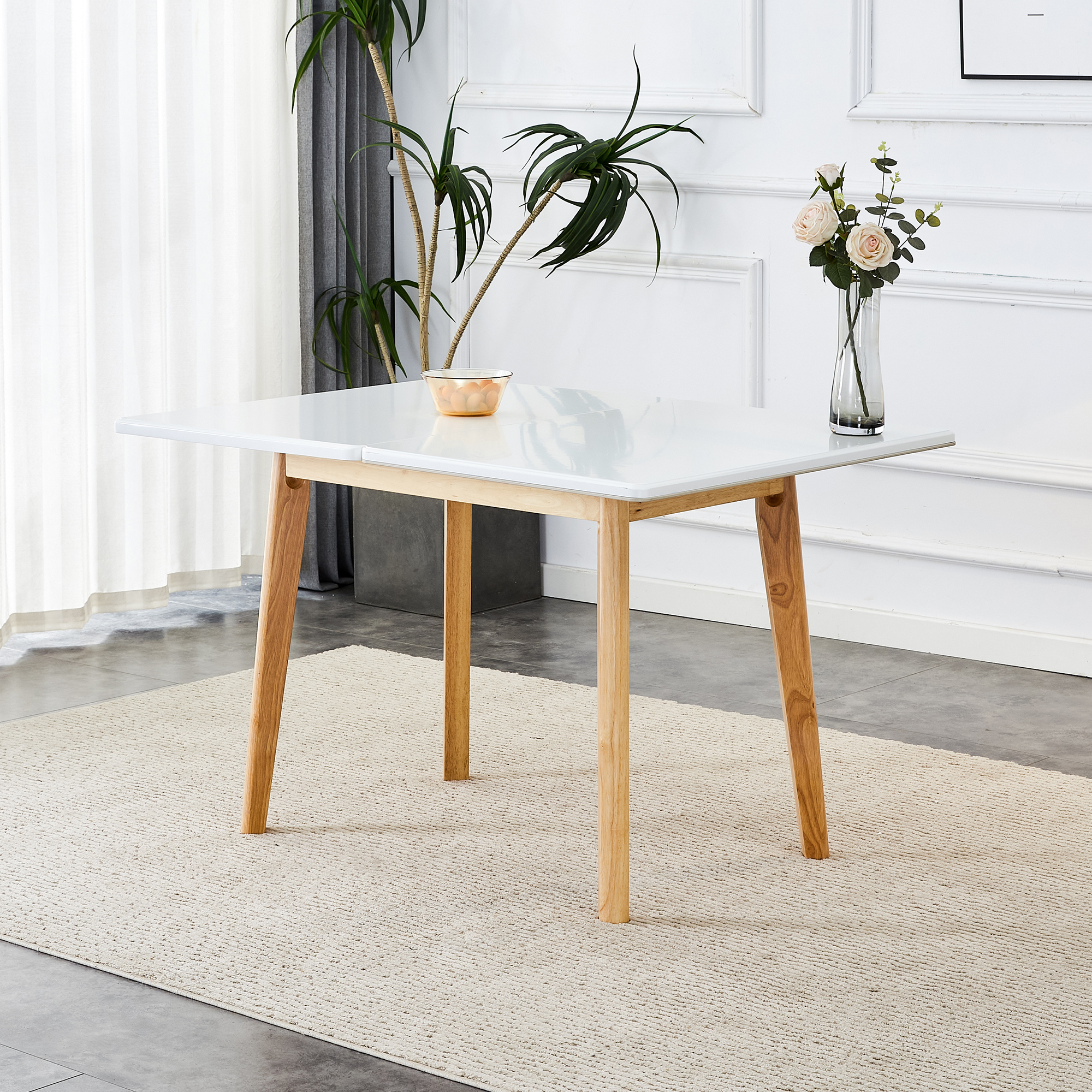 Imitation marble white sintered stone tabletop with rubber wooden legs, foldable computer desk, foldable office desk, suitable for restaurants, living rooms, terraces, kitchens