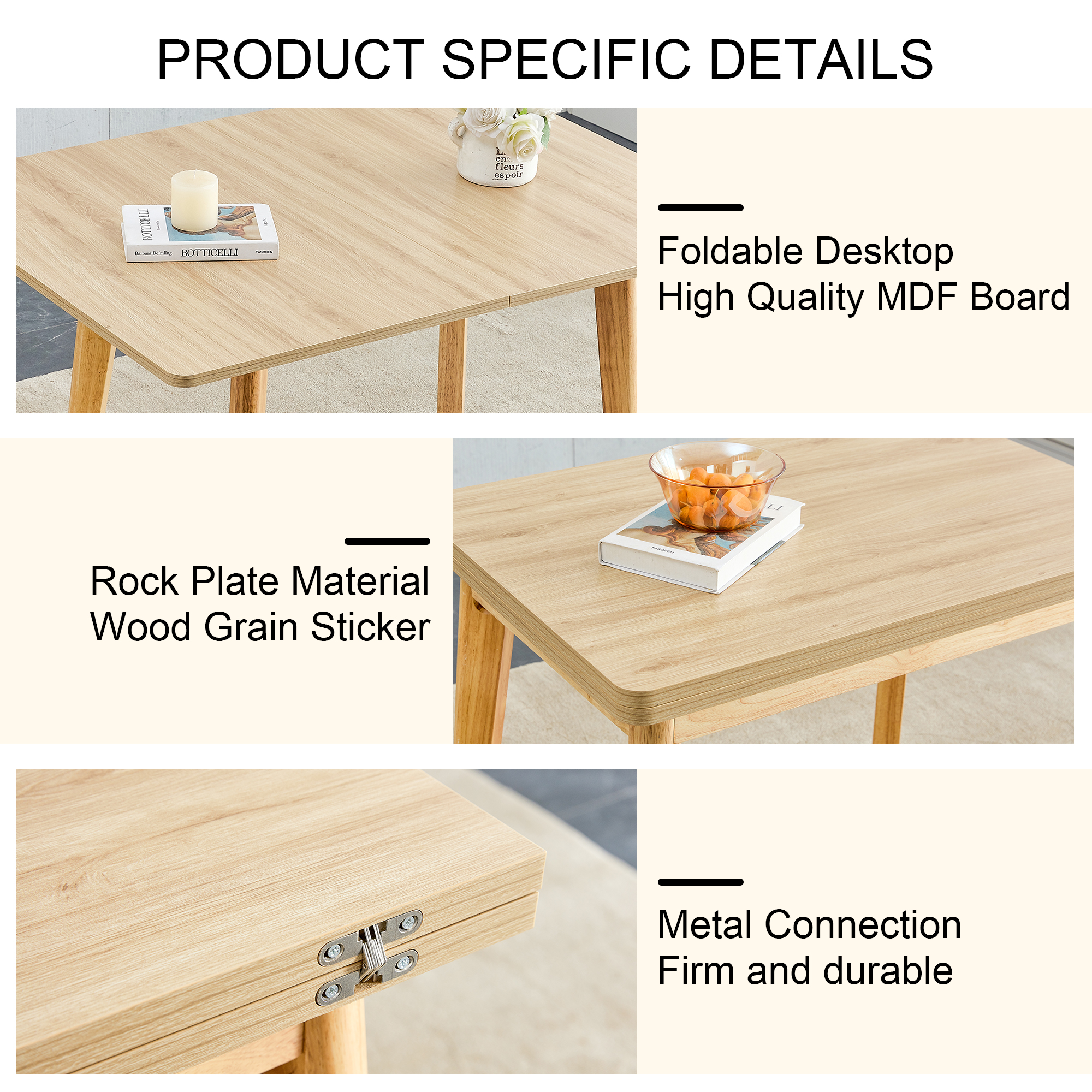 Wooden foldable table, rubber wood leg MFC tabletop, foldable computer desk, foldable office desk, suitable for restaurants, living rooms, terraces, kitchens