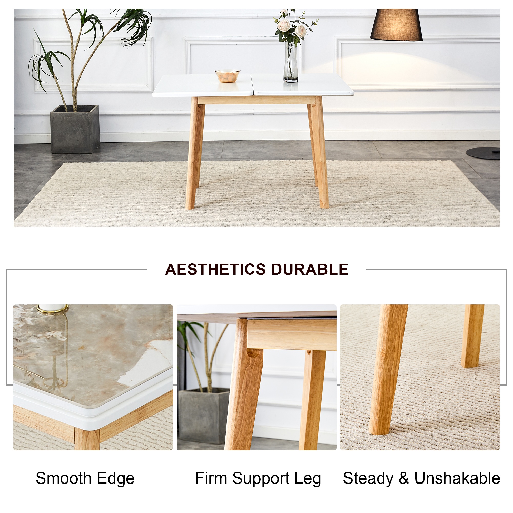 Imitation marble white sintered stone tabletop with rubber wooden legs, foldable computer desk, foldable office desk, suitable for restaurants, living rooms, terraces, kitchens