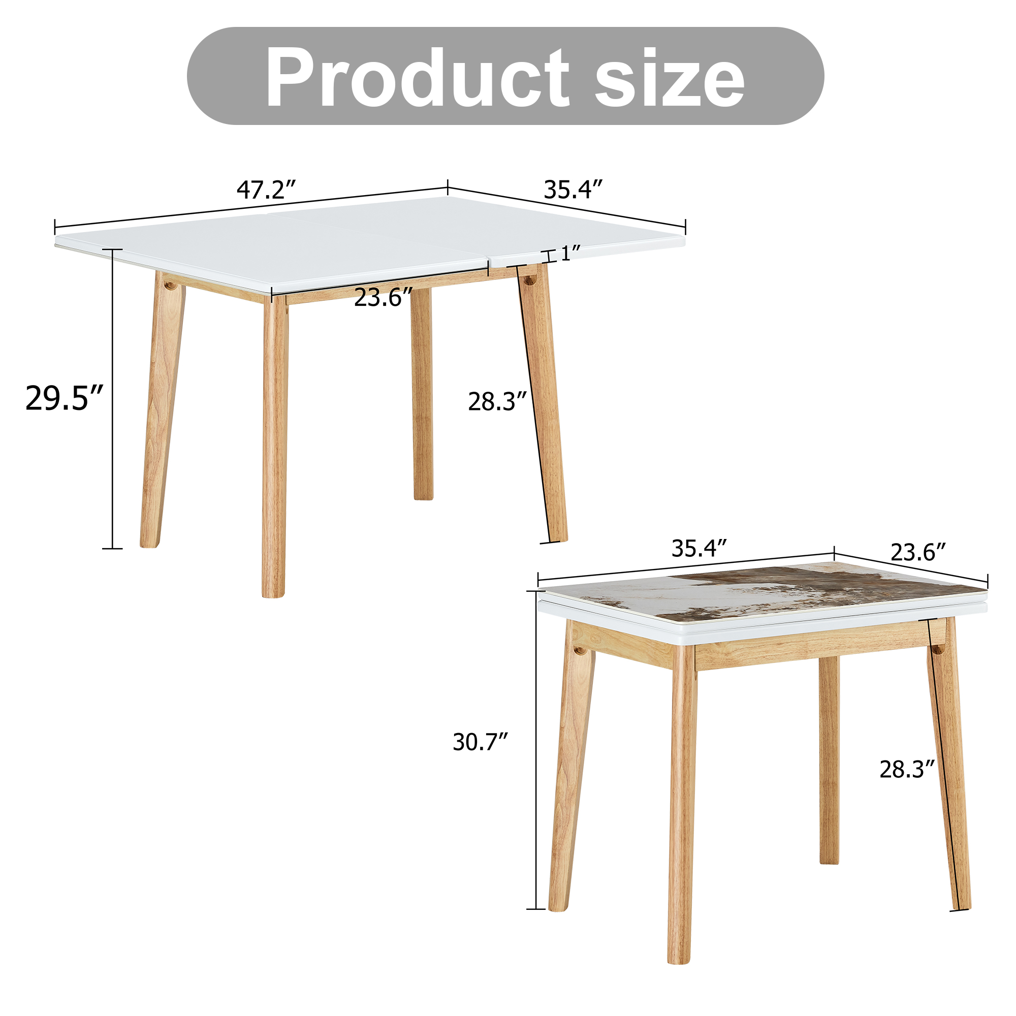 Imitation marble white sintered stone tabletop with rubber wooden legs, foldable computer desk, foldable office desk, suitable for restaurants, living rooms, terraces, kitchens