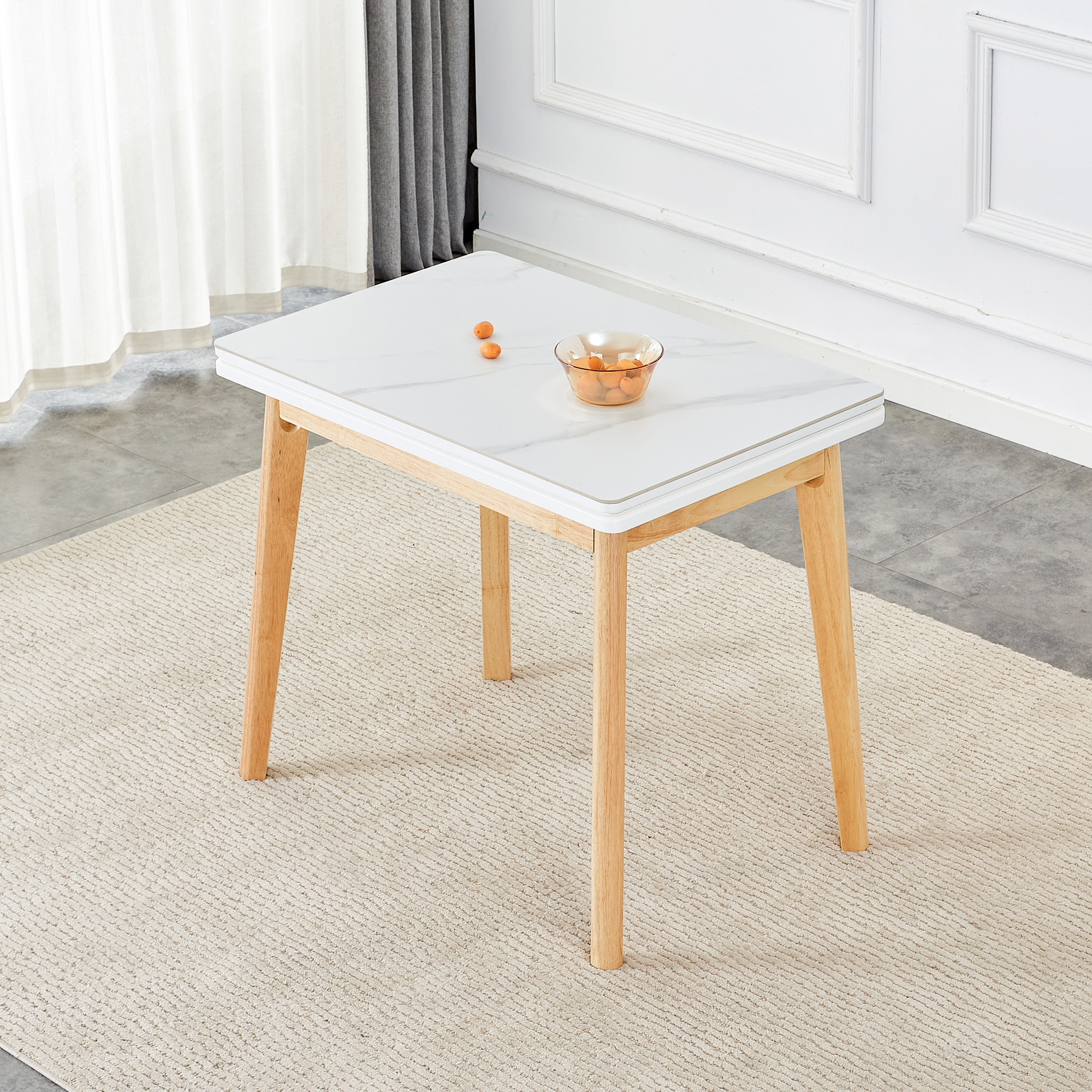 White sintered stone tabletop with rubber wooden legs, foldable computer desk, foldable office desk, suitable for restaurants, living rooms, terraces, kitchens