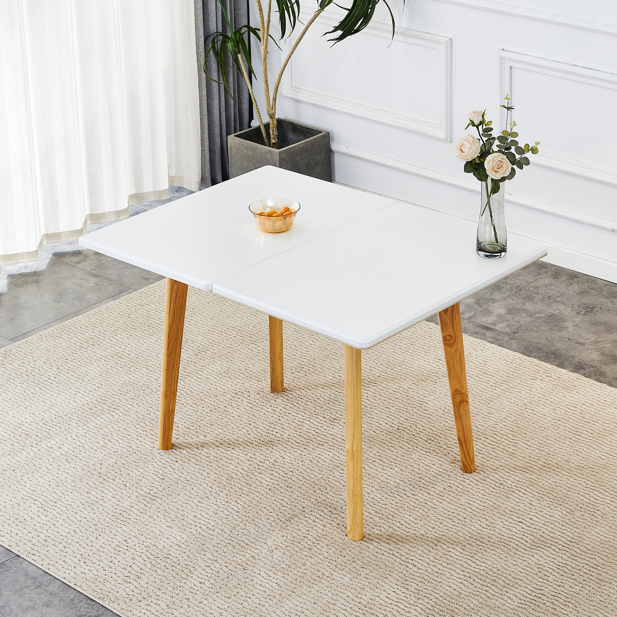 White sintered stone tabletop with rubber wooden legs, foldable computer desk, foldable office desk, suitable for restaurants, living rooms, terraces, kitchens