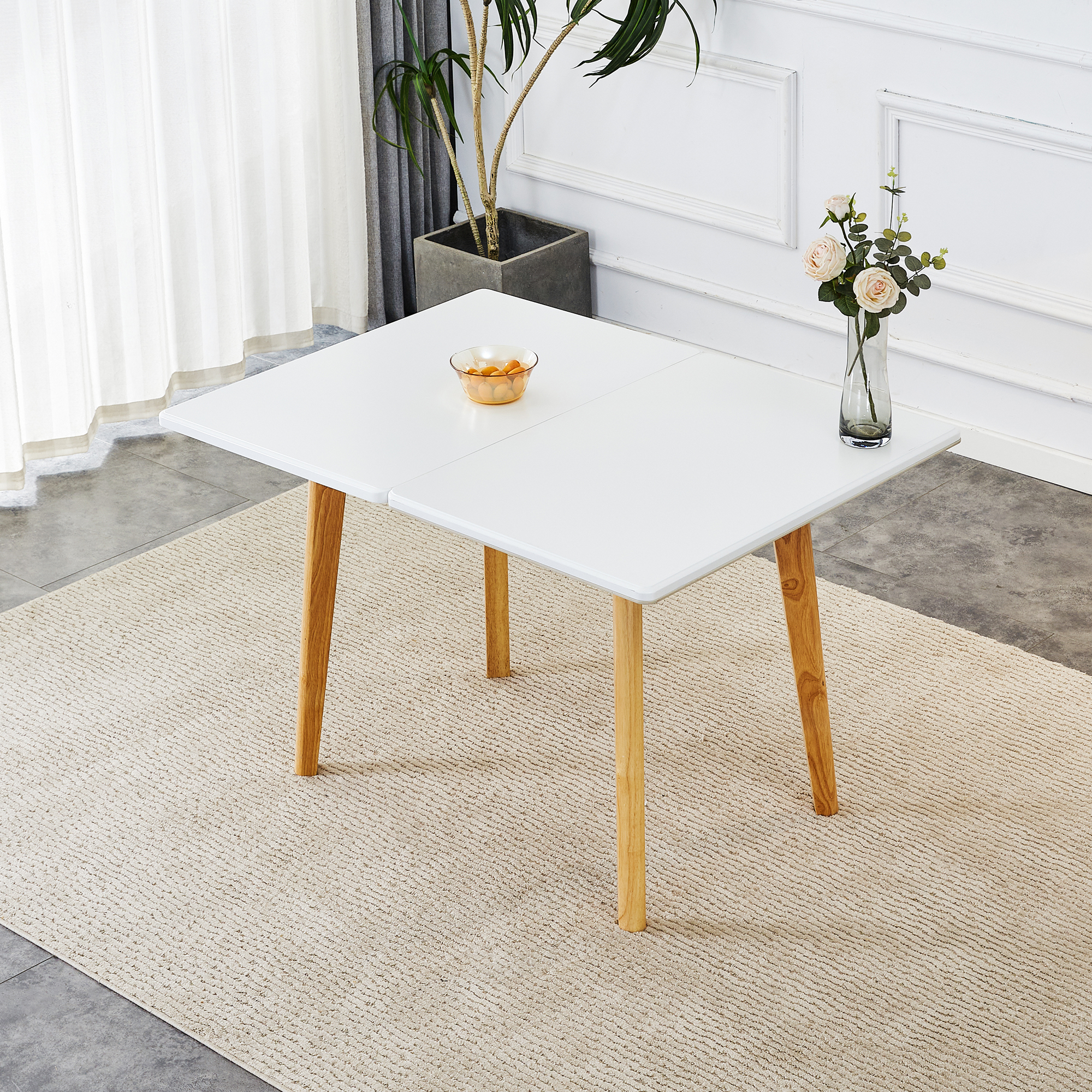 Imitation marble white sintered stone tabletop with rubber wooden legs, foldable computer desk, foldable office desk, suitable for restaurants, living rooms, terraces, kitchens