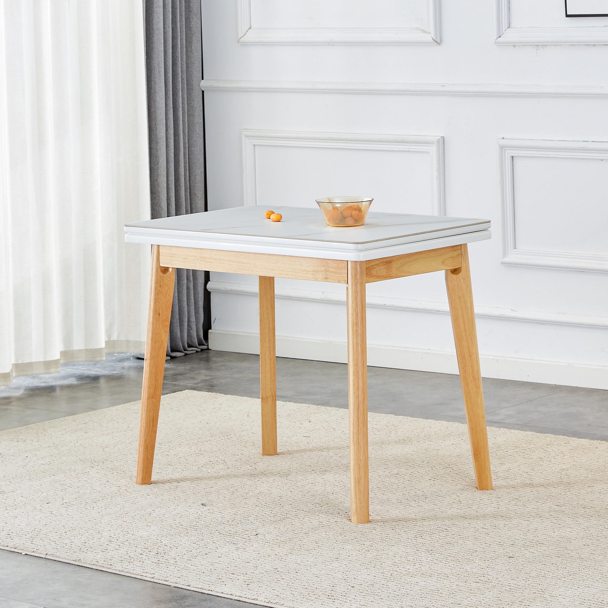 White sintered stone tabletop with rubber wooden legs, foldable computer desk, foldable office desk, suitable for restaurants, living rooms, terraces, kitchens