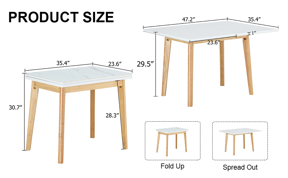 White sintered stone tabletop with rubber wooden legs, foldable computer desk, foldable office desk, suitable for restaurants, living rooms, terraces, kitchens