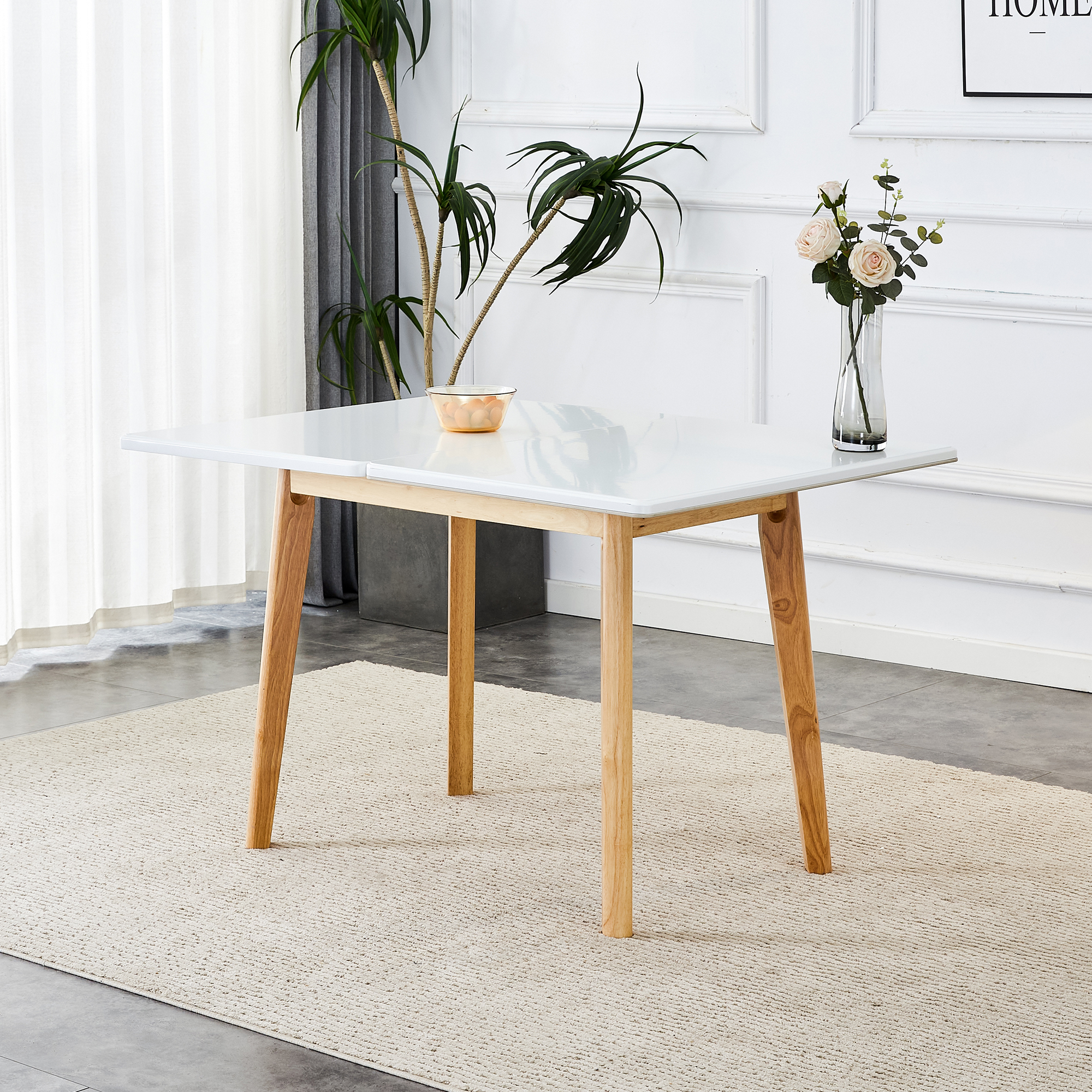 White sintered stone tabletop with rubber wooden legs, foldable computer desk, foldable office desk, suitable for restaurants, living rooms, terraces, kitchens