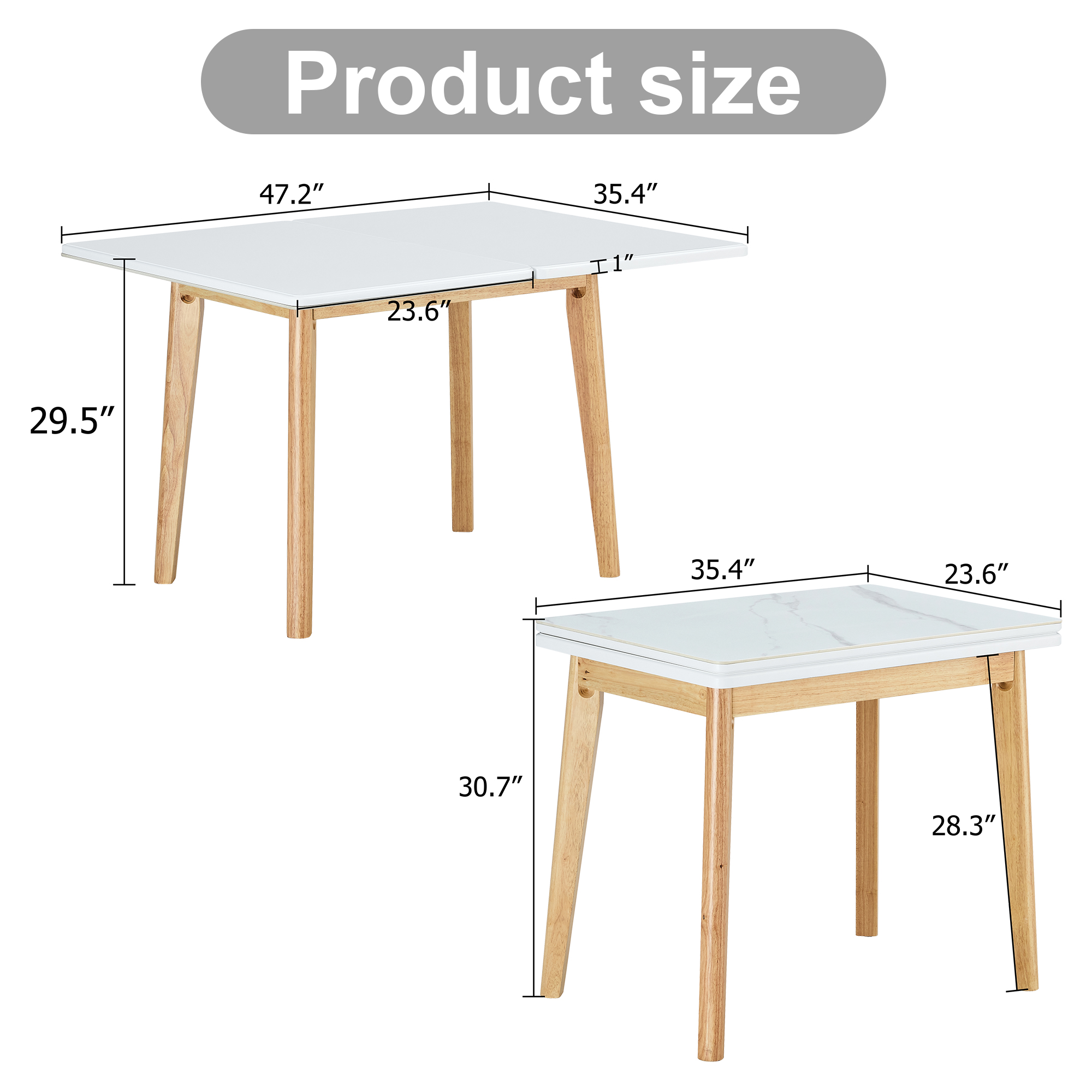 White sintered stone tabletop with rubber wooden legs, foldable computer desk, foldable office desk, suitable for restaurants, living rooms, terraces, kitchens