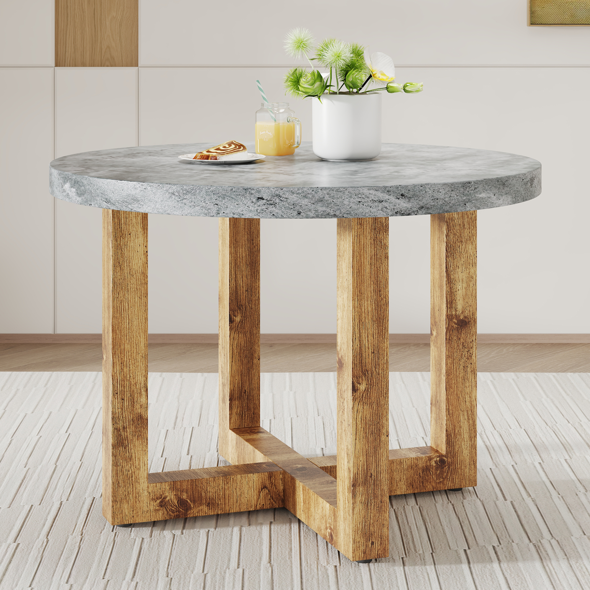 A modern and practical circular dining table. Made of MDF tabletop and wooden MDF table legs. Suitable for living room and bedroom. 42 inches * 42 inches * 30 inches