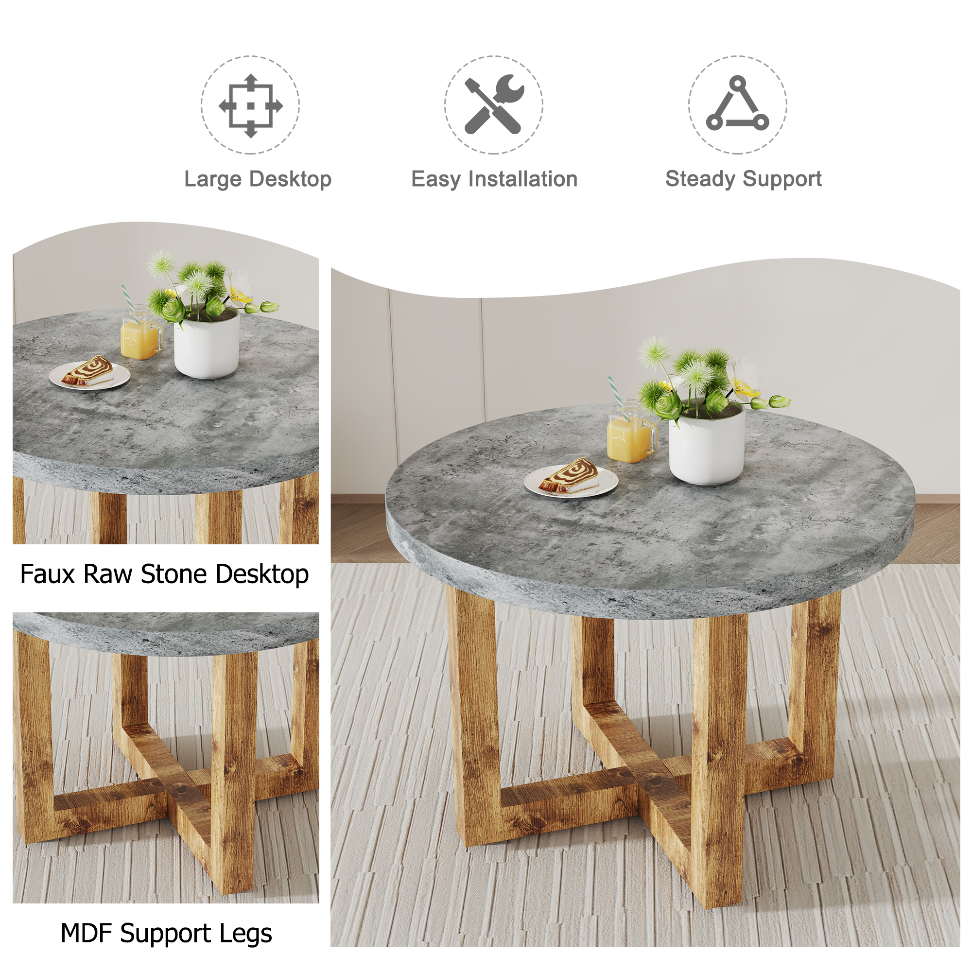 A modern and practical circular dining table. Made of MDF tabletop and wooden MDF table legs. Suitable for living room and bedroom. 42 inches * 42 inches * 30 inches