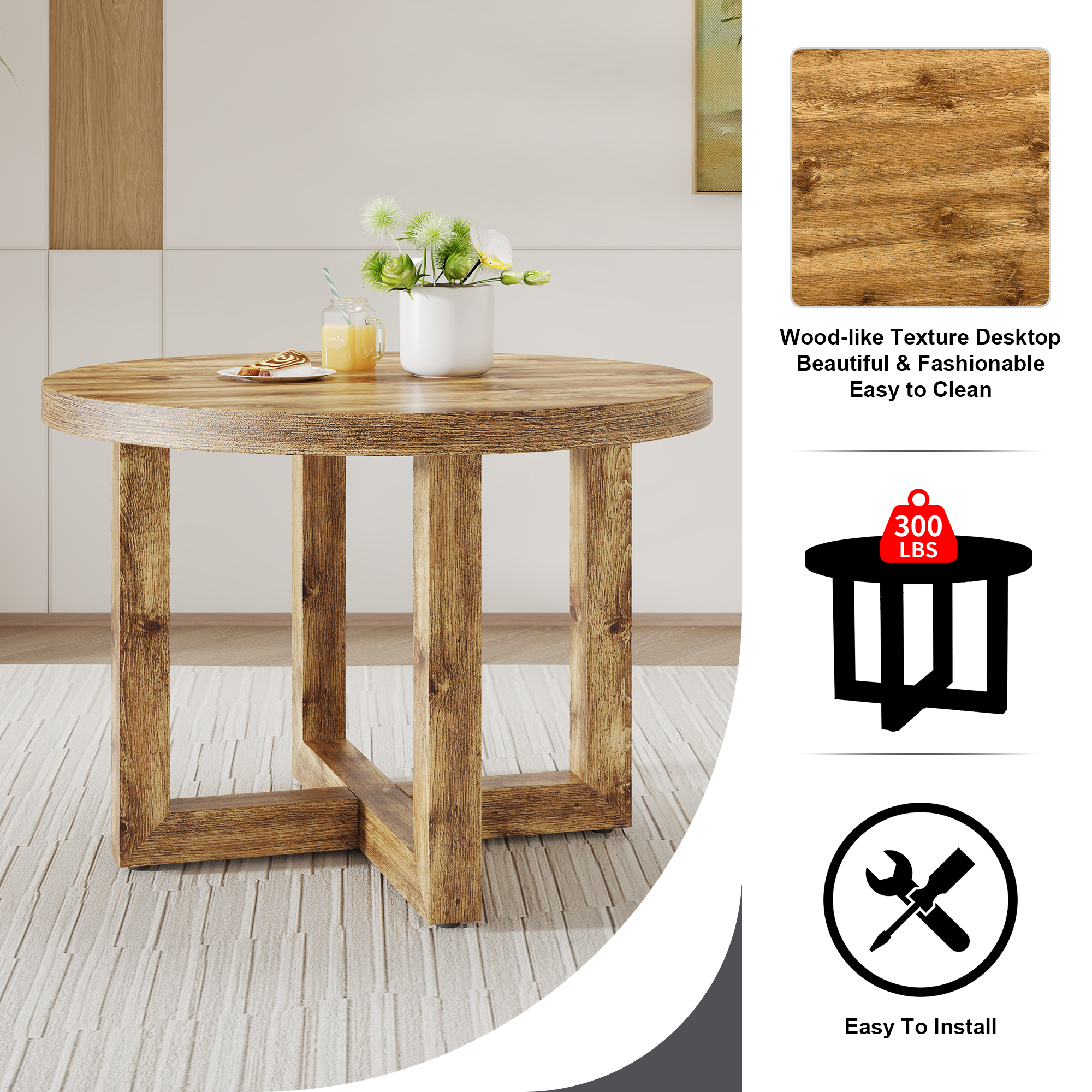 A modern and practical circular dining table. Made of MDF tabletop and wooden MDF table legs. Suitable for living room and bedroom. 42 inches * 42 inches * 30 inches