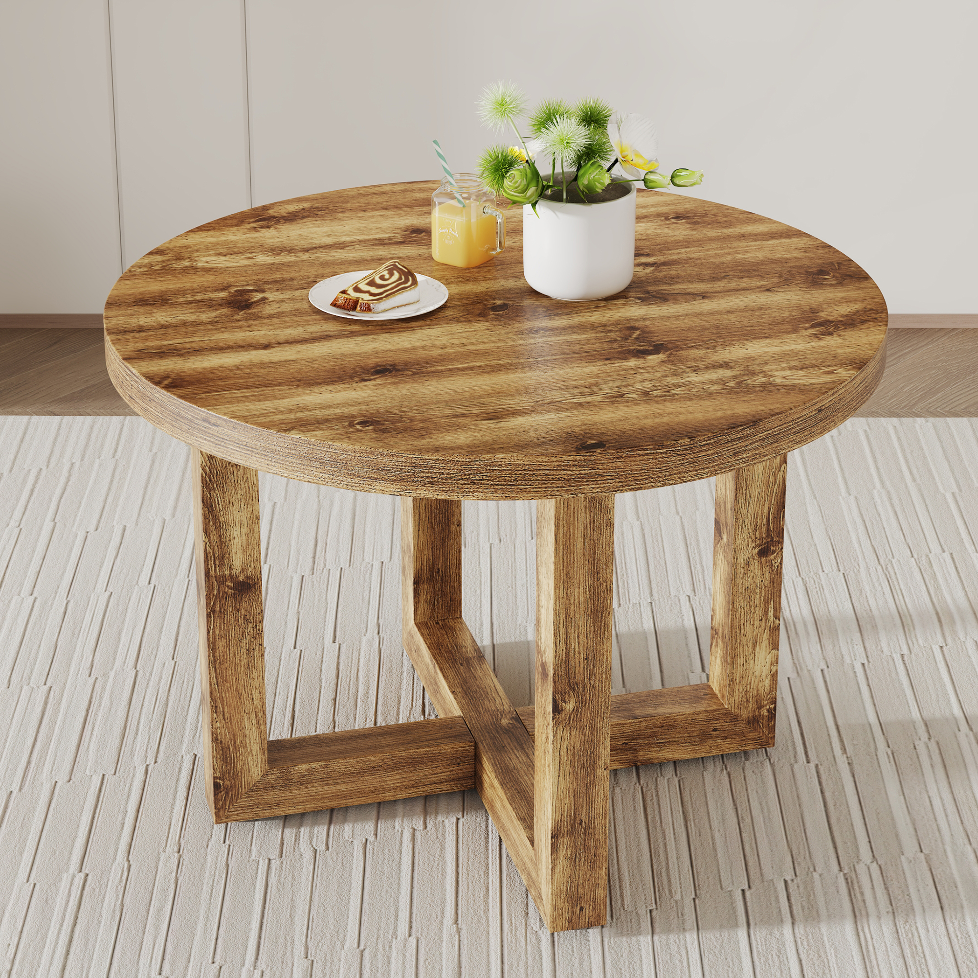 A modern and practical circular dining table. Made of MDF tabletop and wooden MDF table legs. Suitable for living room and bedroom. 42 inches * 42 inches * 30 inches