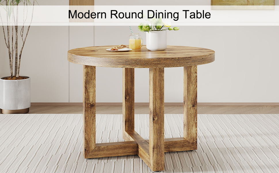 A modern and practical circular dining table. Made of MDF tabletop and wooden MDF table legs. Suitable for living room and bedroom. 42 inches * 42 inches * 30 inches