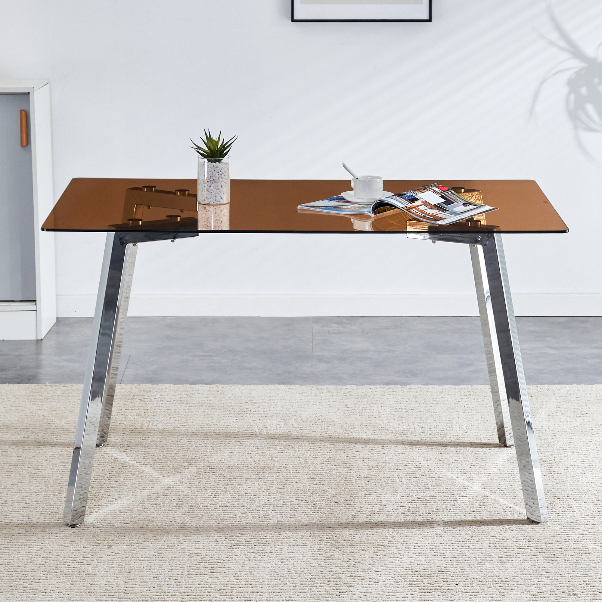 Modern minimalist style rectangular glass dining table, brown tempered glass tabletop and silver metal legs, suitable for kitchen, dining room, and living room, 51 "* 31.5" * 29.5 "1123