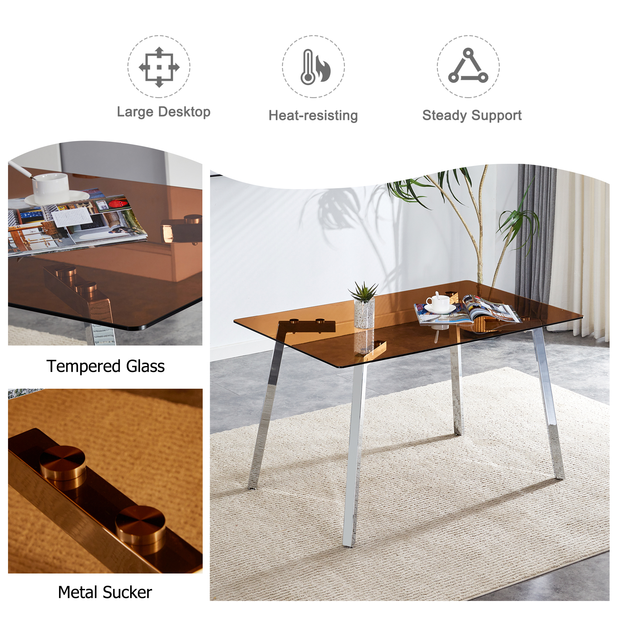 Modern minimalist style rectangular glass dining table, brown tempered glass tabletop and silver metal legs, suitable for kitchen, dining room, and living room, 51 "* 31.5" * 29.5 "1123