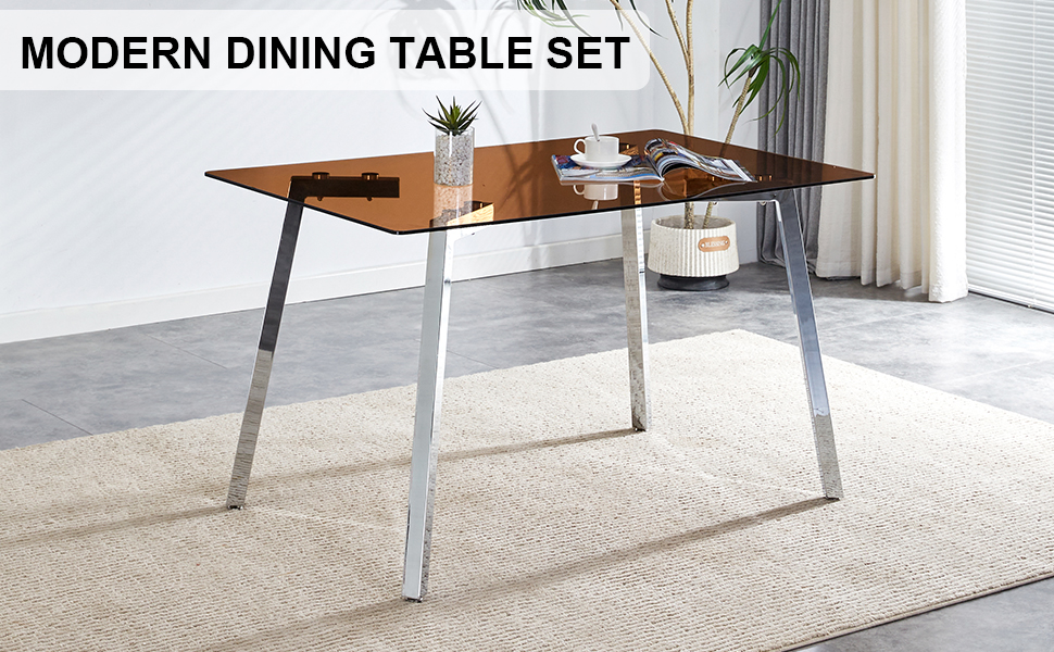 Modern minimalist style rectangular glass dining table, brown tempered glass tabletop and silver metal legs, suitable for kitchen, dining room, and living room, 51 "* 31.5" * 29.5 "1123