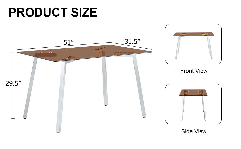 Modern minimalist style rectangular glass dining table, brown tempered glass tabletop and silver metal legs, suitable for kitchen, dining room, and living room, 51 "* 31.5" * 29.5 "1123