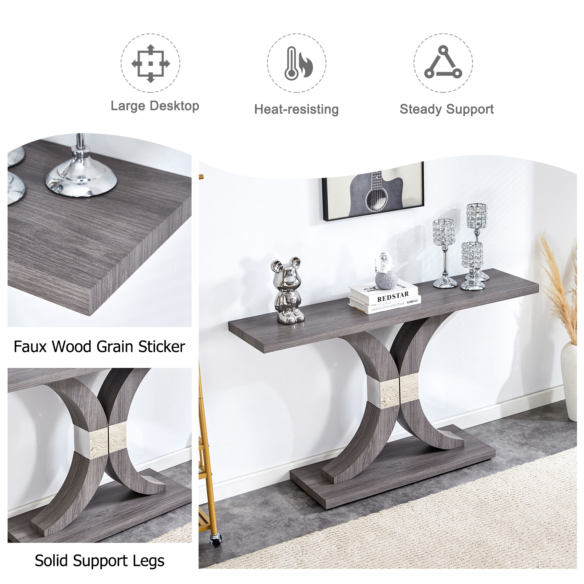 Modern minimalist style natural gray wood foyer table, equipped with MDF wood tabletop and MDF stainless steel bracket, enhances the beauty and artistic atmosphere of the home, suitable for foyer .FXG