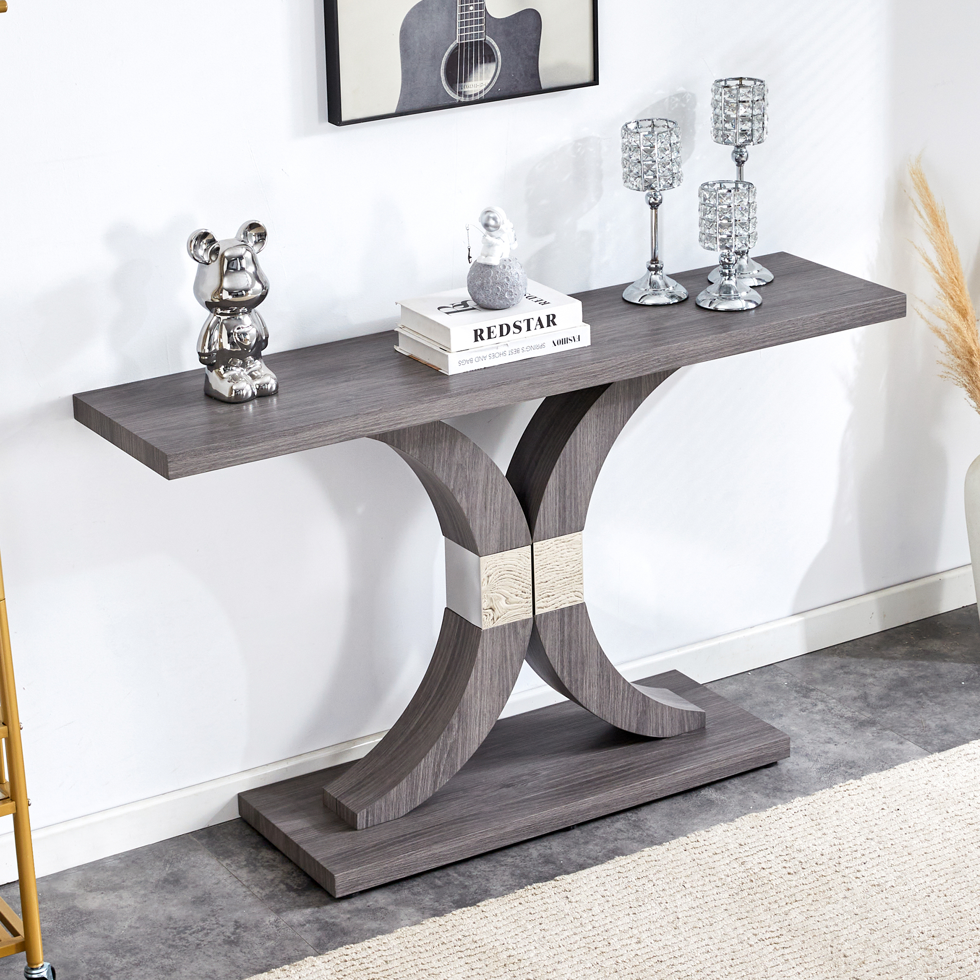 Modern minimalist style natural gray wood foyer table, equipped with MDF wood tabletop and MDF stainless steel bracket, enhances the beauty and artistic atmosphere of the home, suitable for foyer .FXG