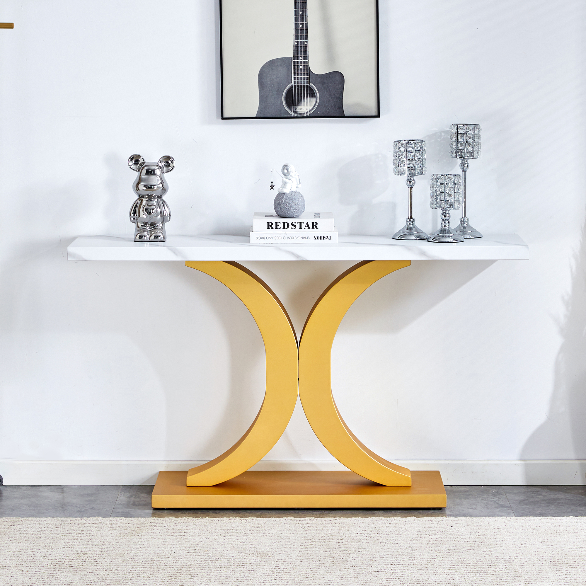 A modern minimalist style foyer table with white tabletop, gold bracket, and bottom plate, enhancing the beauty and artistic atmosphere of the home, suitable for the foyer FXG