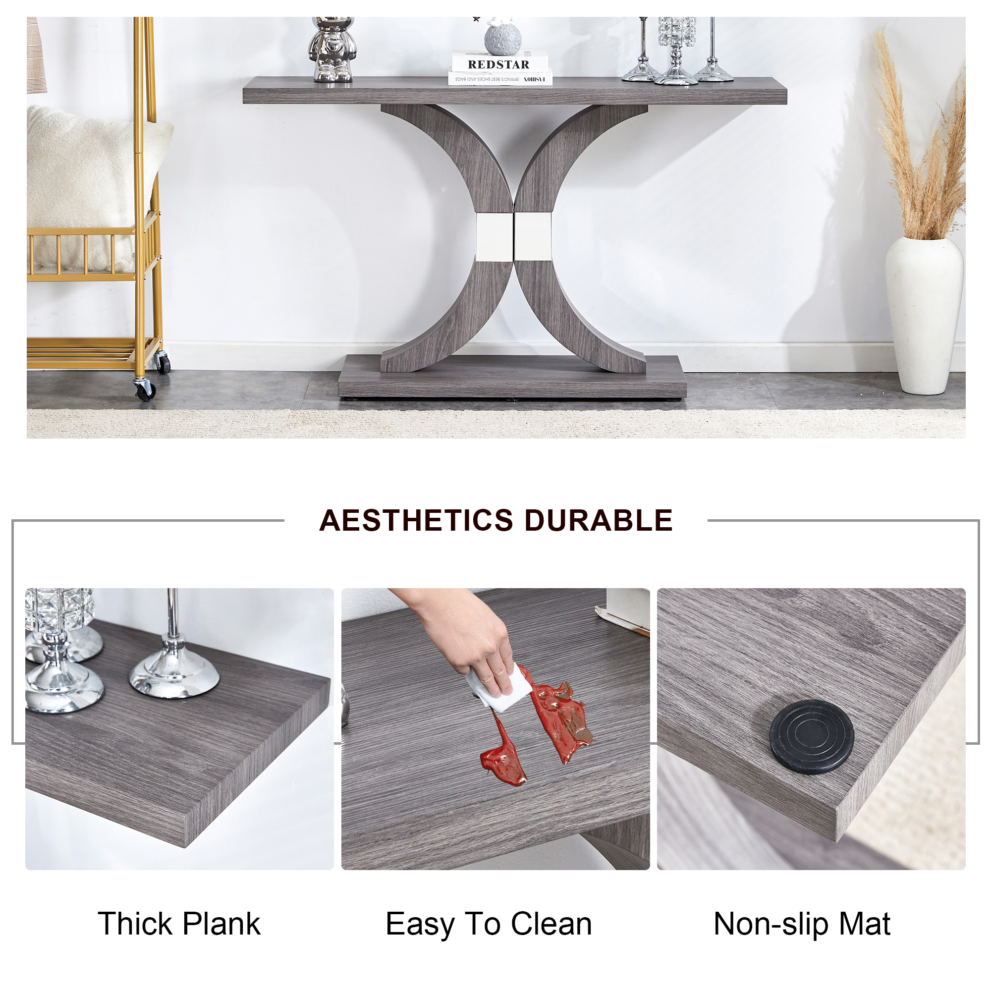 Modern minimalist style natural gray wood foyer table, equipped with MDF wood tabletop and MDF stainless steel bracket, enhances the beauty and artistic atmosphere of the home, suitable for foyer .FXG