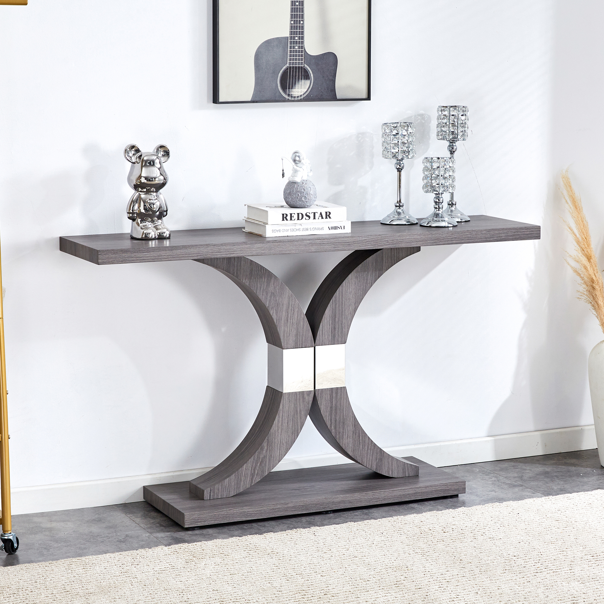 Modern minimalist style natural gray wood foyer table, equipped with MDF wood tabletop and MDF stainless steel bracket, enhances the beauty and artistic atmosphere of the home, suitable for foyer .FXG