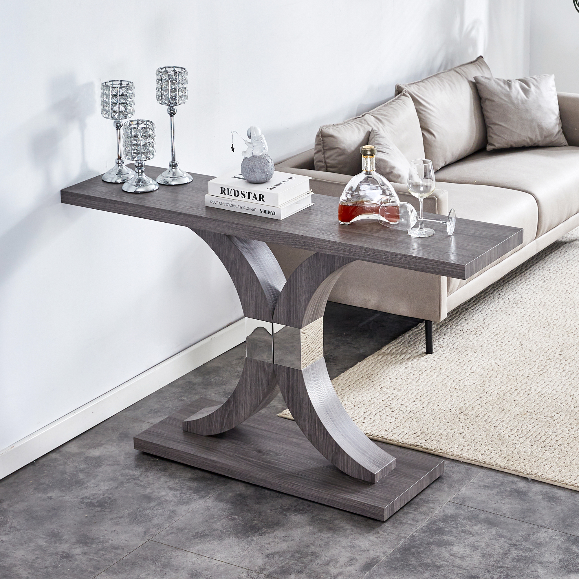 Modern minimalist style natural gray wood foyer table, equipped with MDF wood tabletop and MDF stainless steel bracket, enhances the beauty and artistic atmosphere of the home, suitable for foyer .FXG