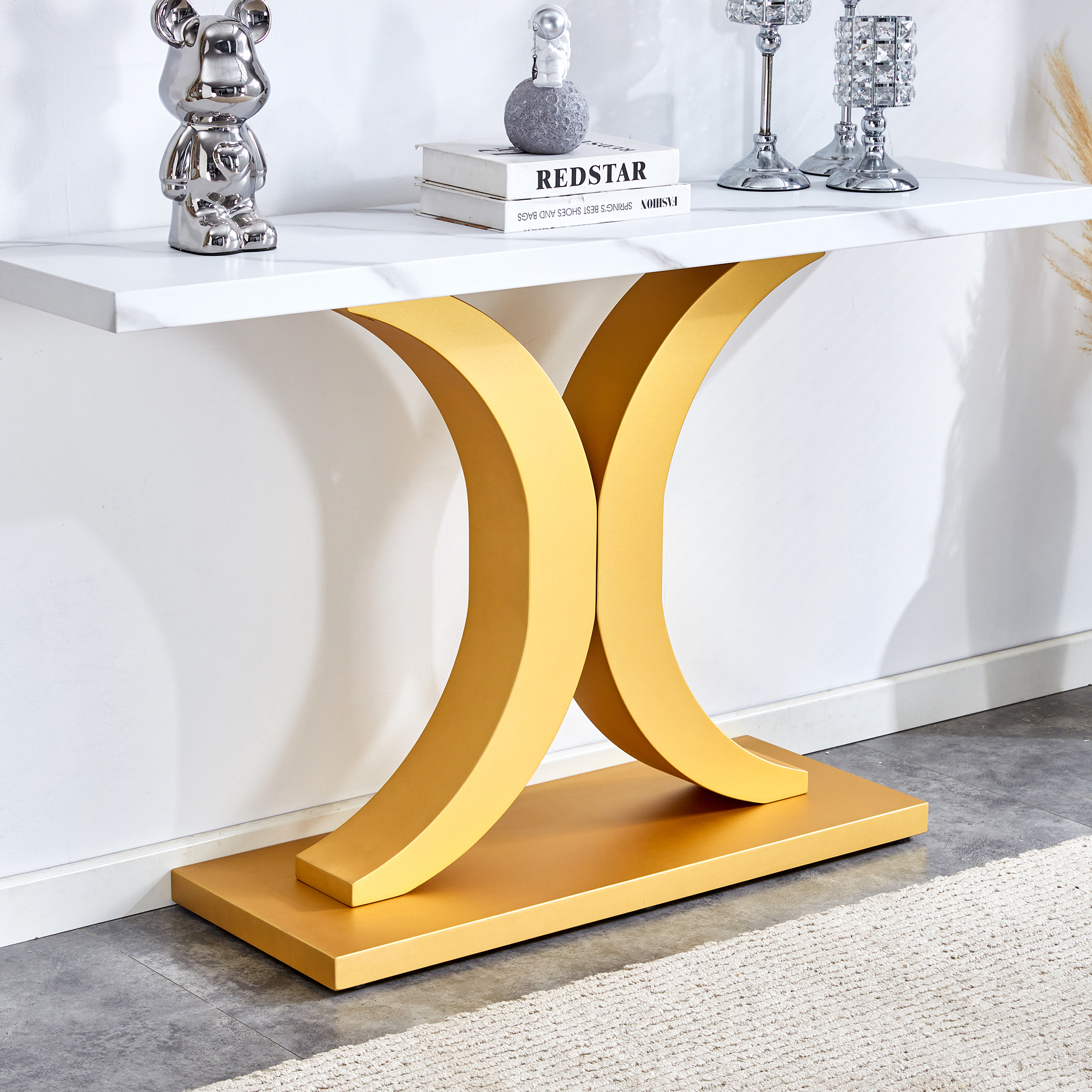 A modern minimalist style foyer table with white tabletop, gold bracket, and bottom plate, enhancing the beauty and artistic atmosphere of the home, suitable for the foyer FXG