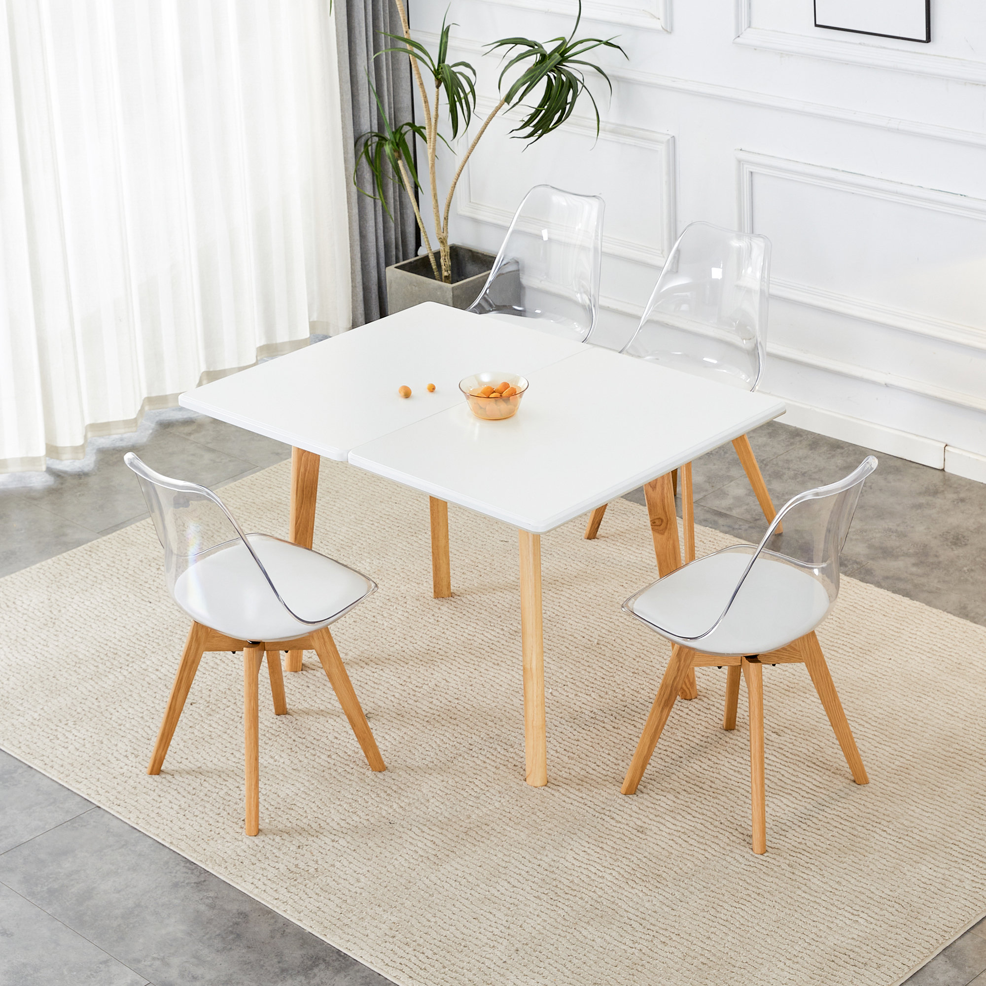 White stone burning tabletop with rubber wooden legs, foldable computer desk, foldable office desk,4 Modern chairs can rotate 360 degrees,the seat cushion is made of PU material.  ZD-1545   SC-003