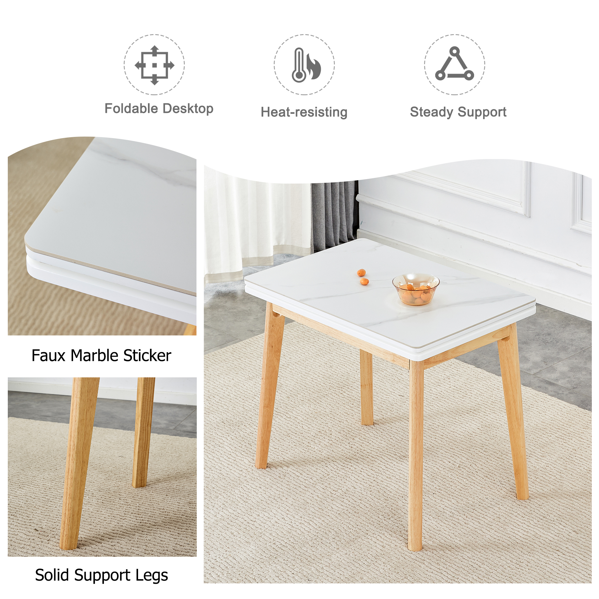 White stone burning tabletop with rubber wooden legs, foldable computer desk, foldable office desk,4 Modern chairs can rotate 360 degrees,the seat cushion is made of PU material.  ZD-1545   SC-003