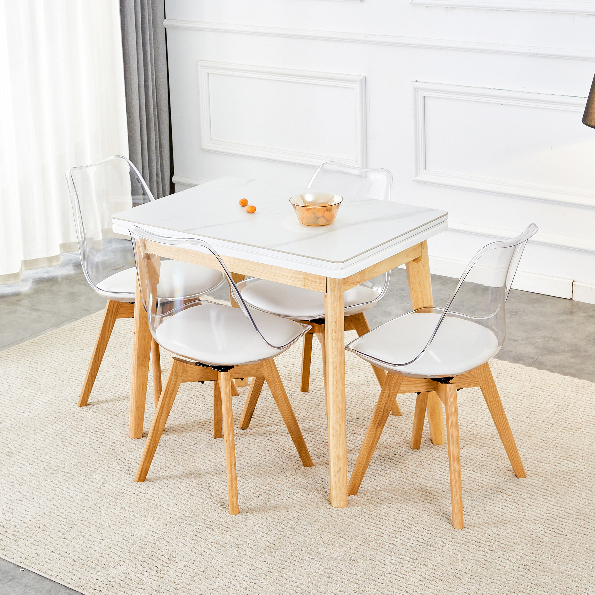 White stone burning tabletop with rubber wooden legs, foldable computer desk, foldable office desk,4 Modern chairs can rotate 360 degrees,the seat cushion is made of PU material.  ZD-1545   SC-003