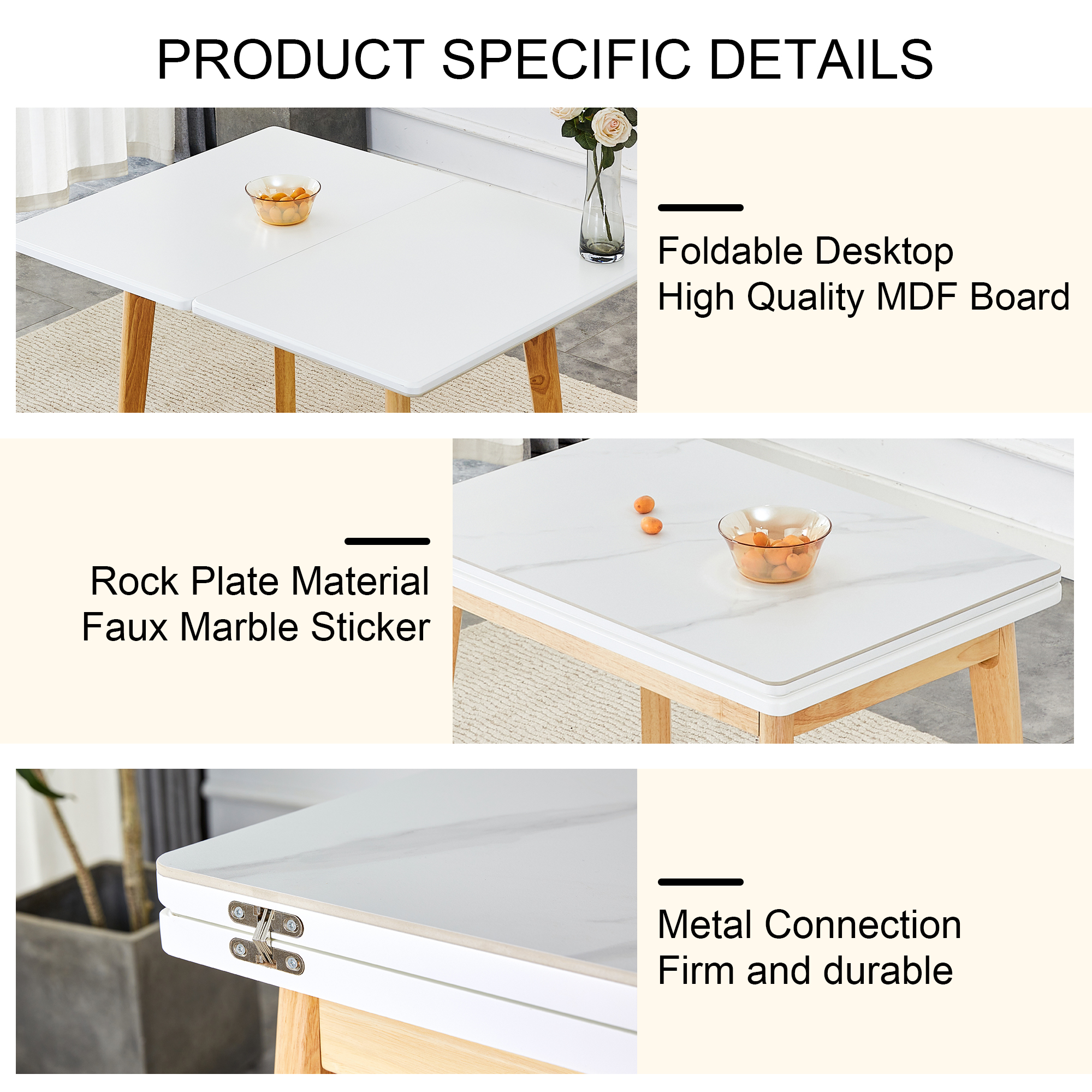 White stone burning tabletop with rubber wooden legs, foldable computer desk, foldable office desk,4 Modern chairs can rotate 360 degrees,the seat cushion is made of PU material.  ZD-1545   SC-003