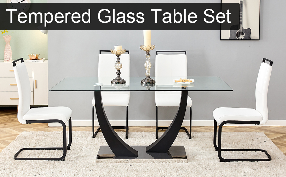 Table and chair set. Modern rectangular tempered glass tabletop, black metal bracket dining table, 4 modern PU artificial leather high backrest soft cushioned dining chairs, C-shaped tube metal leg