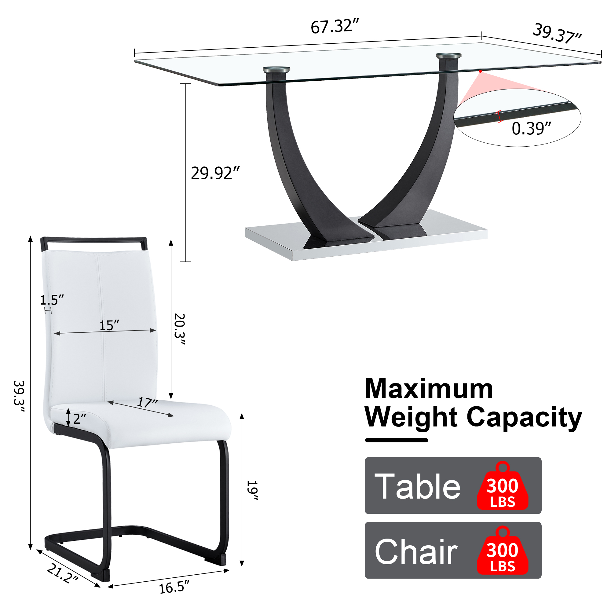 Table and chair set. Modern rectangular tempered glass tabletop, black metal bracket dining table, 4 modern PU artificial leather high backrest soft cushioned dining chairs, C-shaped tube metal leg