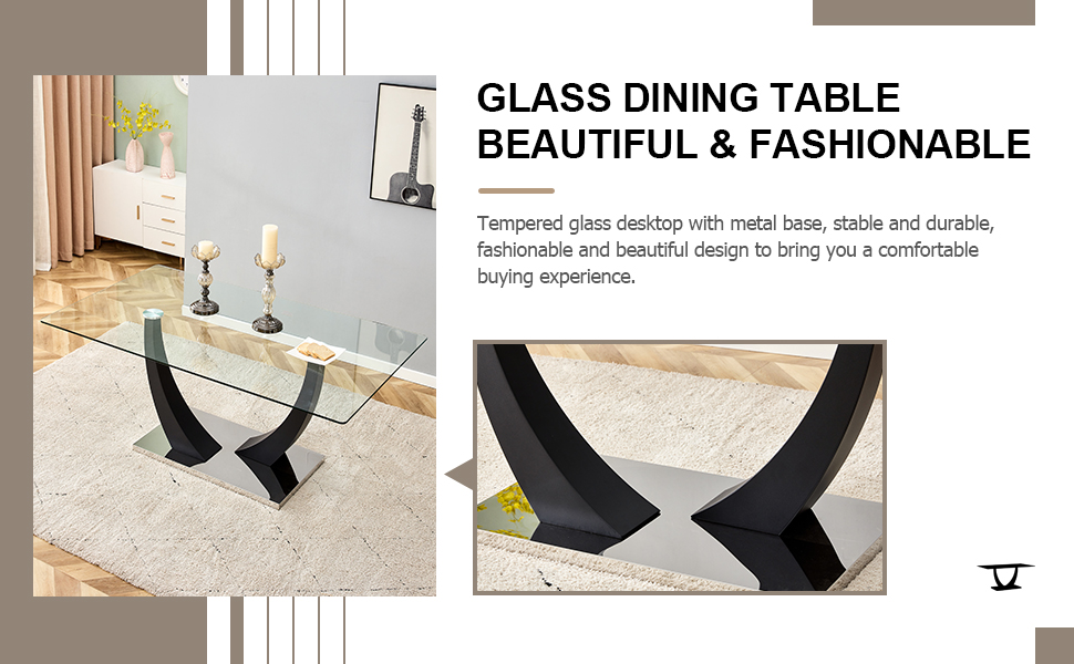 Table and chair set. Modern rectangular tempered glass tabletop, black metal bracket dining table, 4 modern PU artificial leather high backrest soft cushioned dining chairs, C-shaped tube metal leg