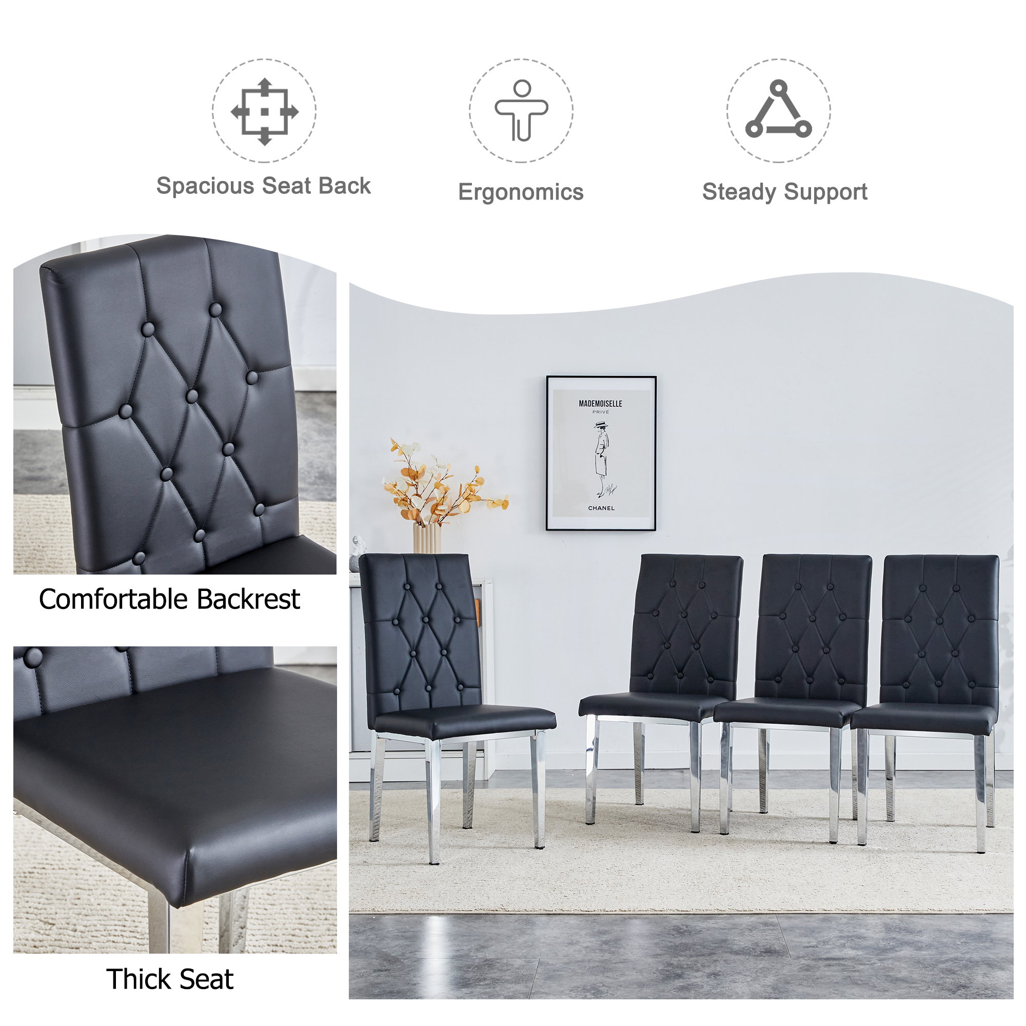 4-piece dining chair set, modern style kitchen soft cushion high backrest, with embedded buttons,  metal leg office chair, suitable for restaurants, offices, and restaurants.