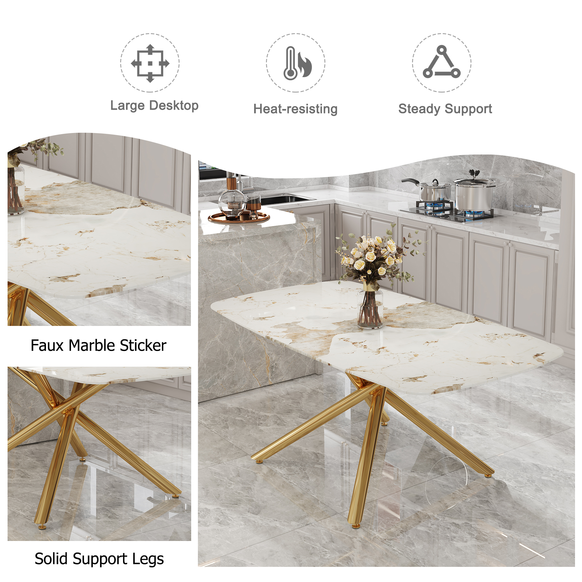 Large modern minimalist rectangular dining table with 0.39 "imitation marble tabletop and golden metal legs, suitable for kitchen, dining room, living room, conference room, W1151S00987