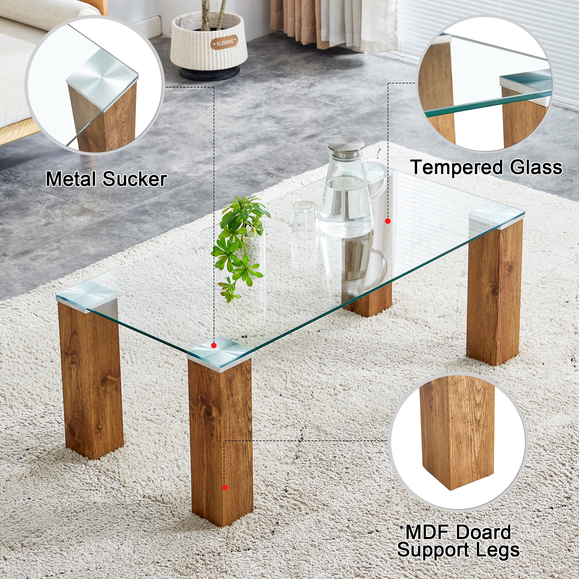 Glass-Top Coffee Table,tea table, with MDF Legs - Stylish Blend of Elegance and Durability 44.9"*21.7"*16.9"